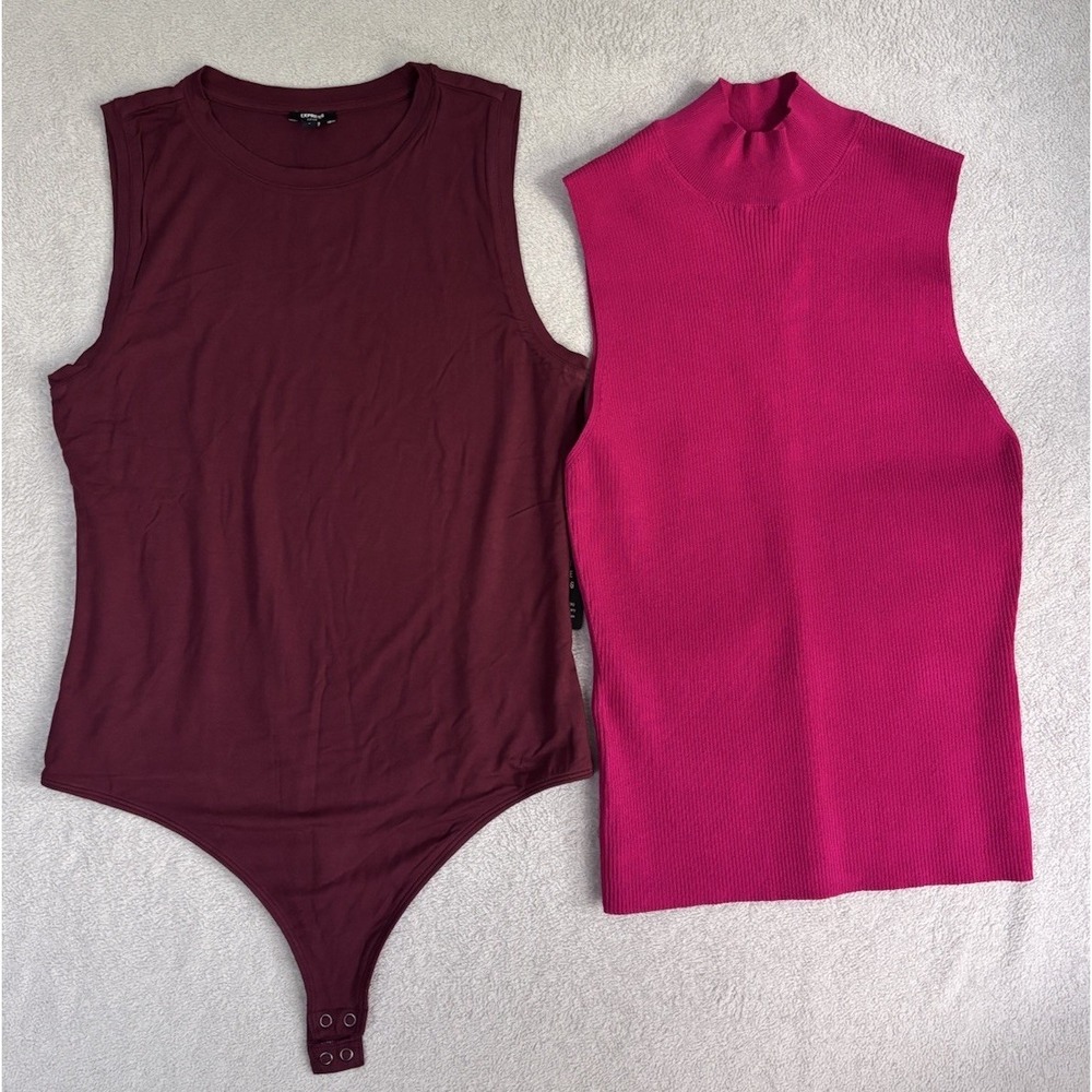 Express NWT Women L 2 Piece Lot Fushia Ribbed Knit Top Burgundy Bodysuit 0814